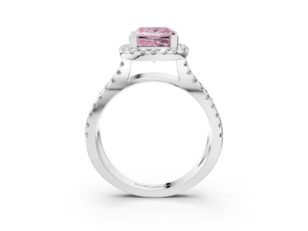 Platinum Fancy Pink Princess Cut Diamond Halo Ring with Split Shank Pavé Band and Prong Setting