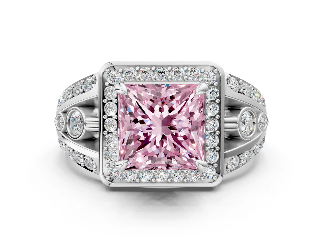 White gold Fancy Pink Princess Cut Diamond Halo Ring with Split Shank and Bezel Accents and Four-Prong Setting