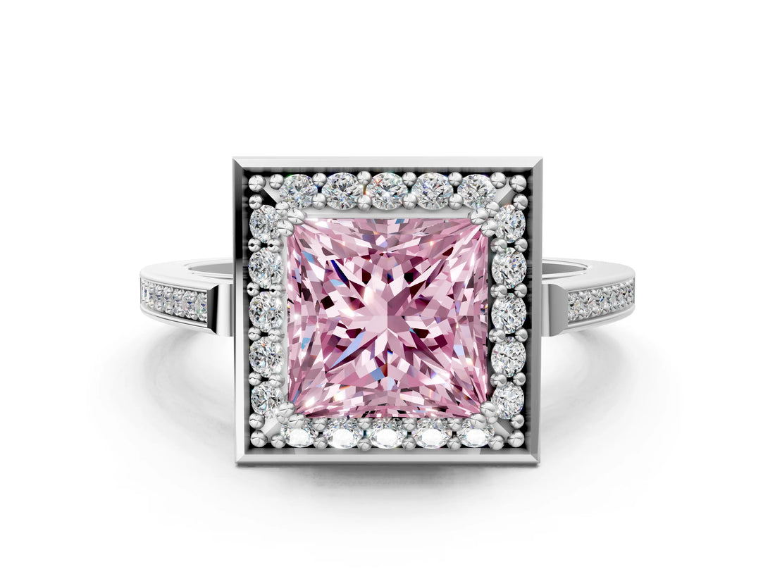 White gold Fancy Pink Princess Cut Diamond Halo Ring with Split Shank and Four-Prong Setting_15