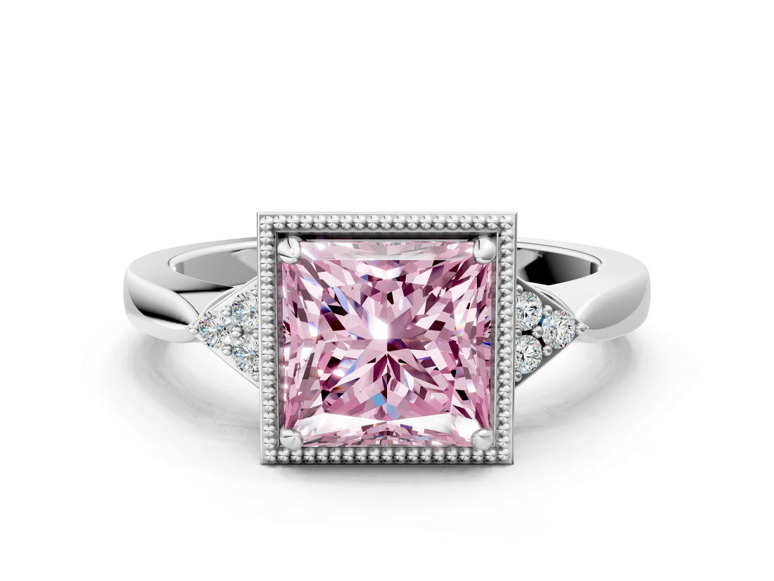 White gold Fancy Pink Princess Cut Diamond Halo Ring with Tapered Band and Four-Prong Setting_19
