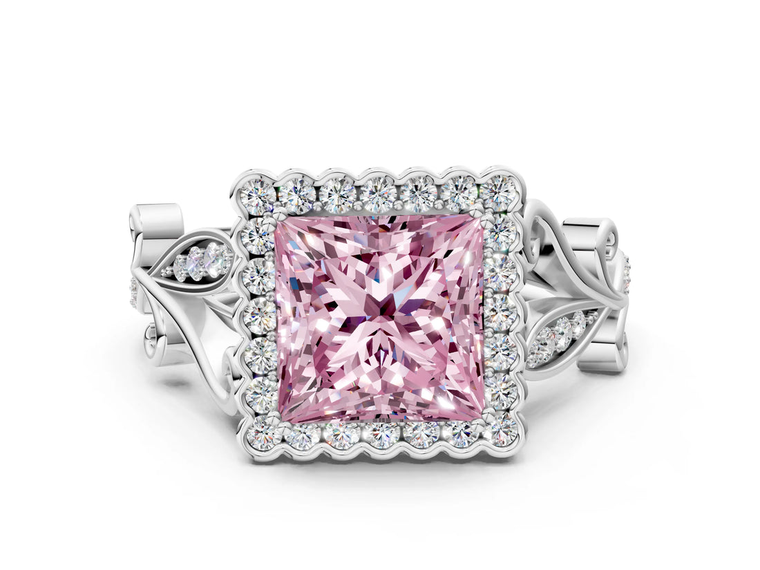 White gold Fancy Pink Princess Cut Diamond Halo Ring with Vintage Split Shank and Four-Prong Setting_65