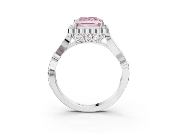 Sterling Silver Princess Cut Graduated Leaf Halo Engagement Ring Setting for Fancy Pink Center