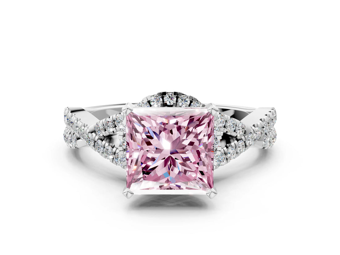 White gold Fancy Pink Princess Cut Diamond  Halo Twist Band Solitaire Prong Setting Ring_13