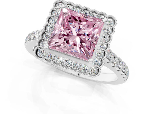 Platinum Fancy Pink Princess  Cut Diamond Milgrain Floral Halo Engagement Ring with Pavé Band