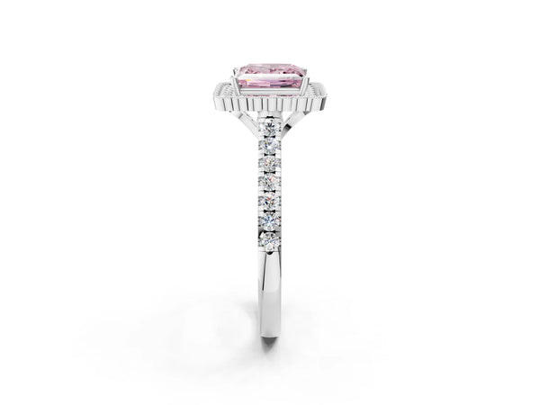 Platinum Fancy Pink Princess  Cut Diamond Milgrain Floral Halo Engagement Ring with Pavé Band