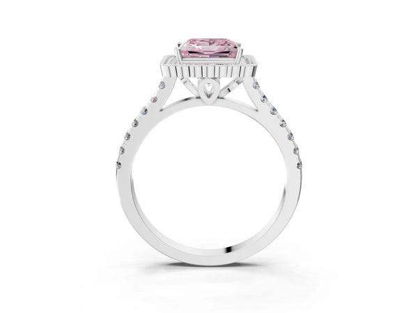 Platinum Fancy Pink Princess  Cut Diamond Milgrain Floral Halo Engagement Ring with Pavé Band