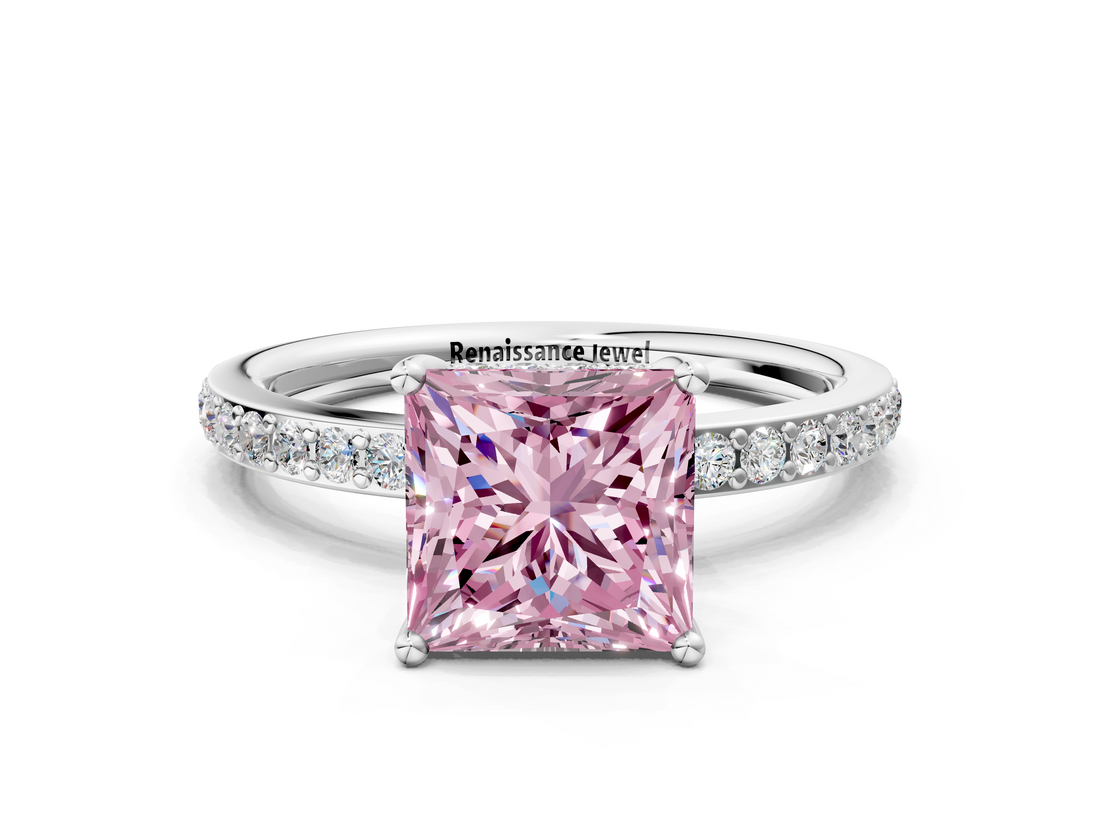 White gold Fancy Pink Princess  Cut Diamond Pavé Band Ring with Four-Prong Setting