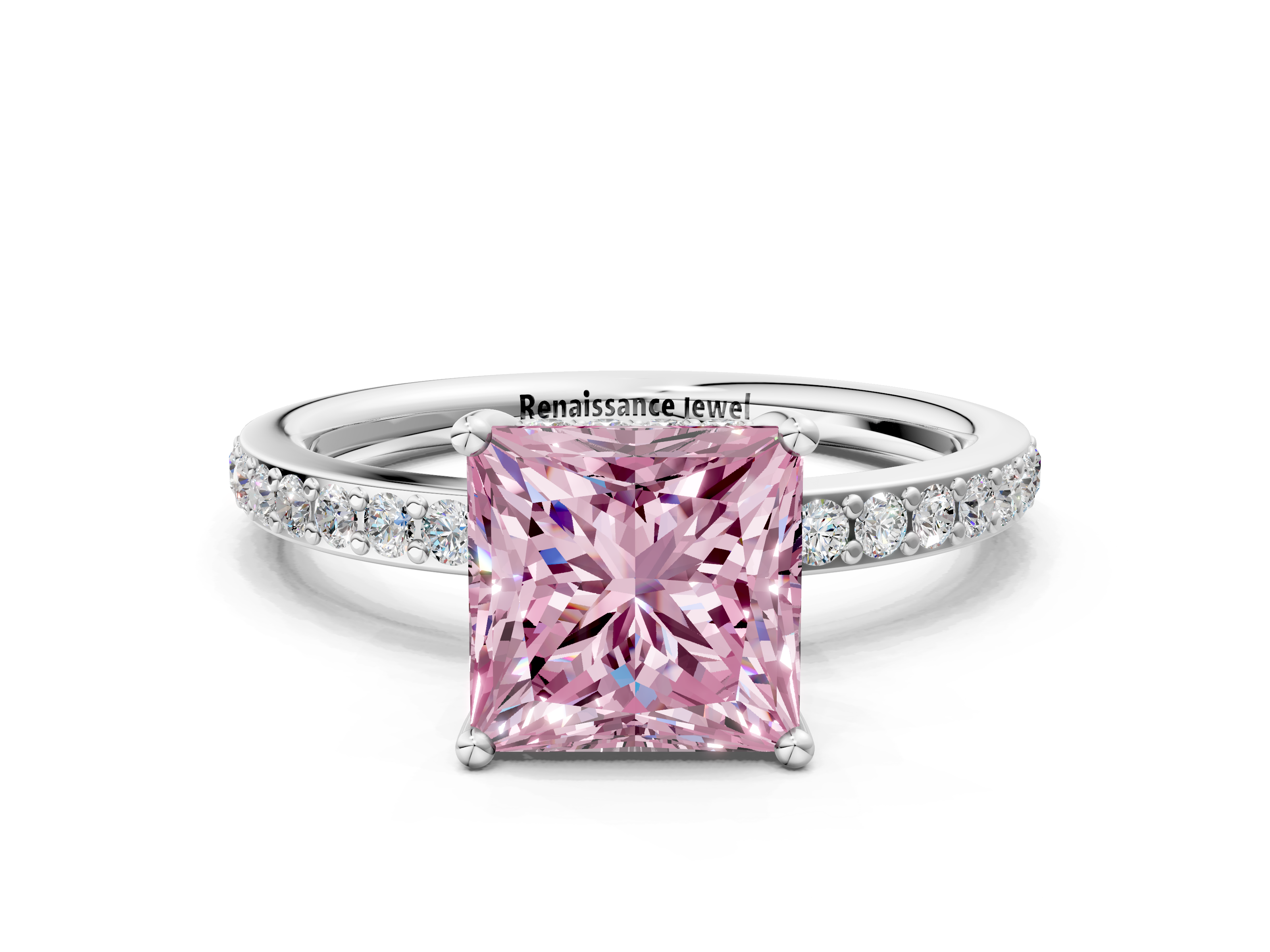White gold Fancy Pink Princess Cut Diamond Pavé Band Ring with Four-Pr