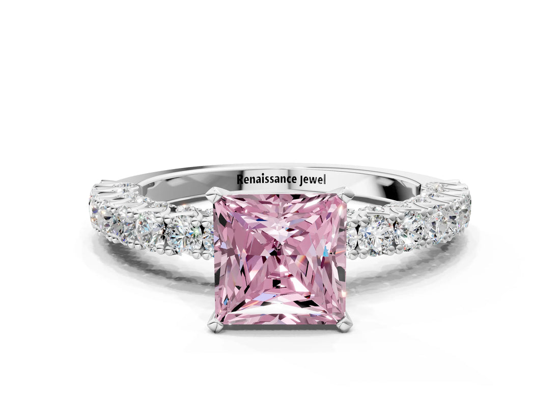 White gold Fancy Pink Princess Cut Diamond Pavé Band Solitaire Ring with Prong Setting_29