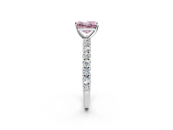 White gold Fancy Pink Princess Cut Diamond Pavé Band Solitaire Ring with Prong Setting