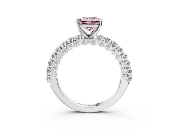 White gold Fancy Pink Princess Cut Diamond Pavé Band Solitaire Ring with Prong Setting
