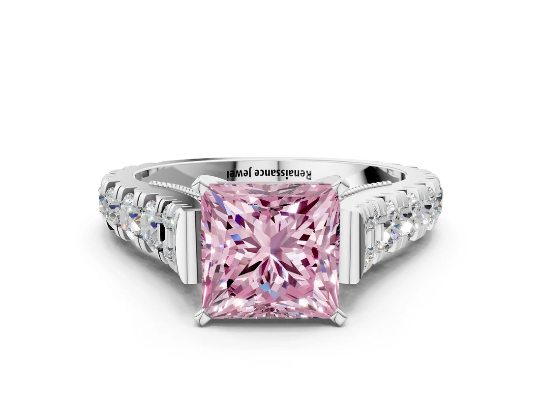 White gold Fancy Pink Princess  Cut Diamond Pavé Band Solitaire with Four-Prong Setting_15