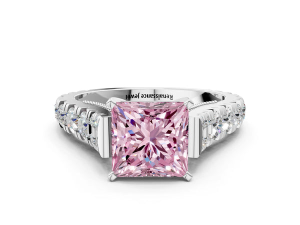 Platinum Fancy Pink Princess Cut Diamond Classic Solitaire Ring with Pavé Band and Four-Prong Setting