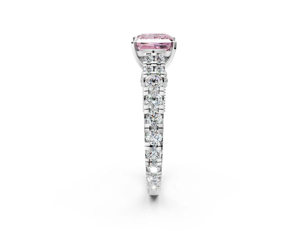 Platinum Fancy Pink Princess Cut Diamond Classic Solitaire Ring with Pavé Band and Four-Prong Setting