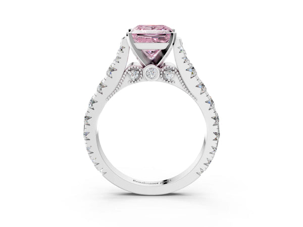 Platinum Fancy Pink Princess Cut Diamond Classic Solitaire Ring with Pavé Band and Four-Prong Setting