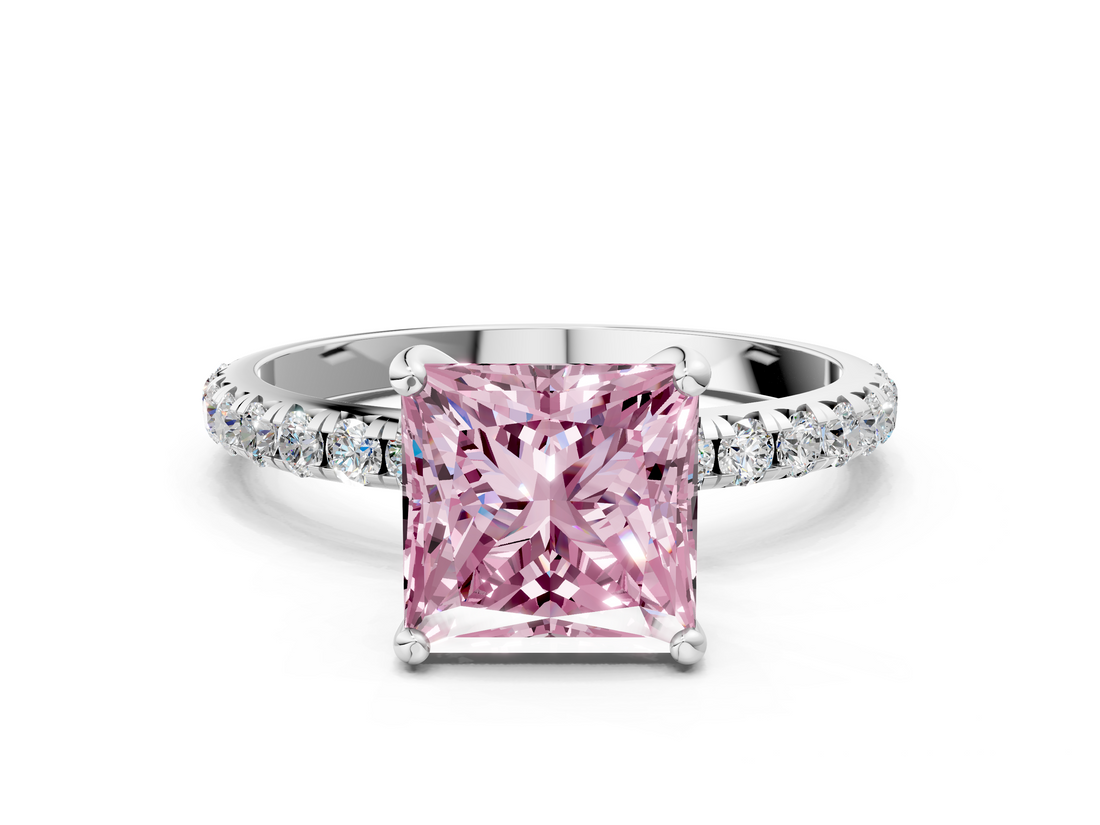 White gold Fancy Pink Princess  Cut Diamond Pavé Band Solitaire with Four-Prong Setting_3