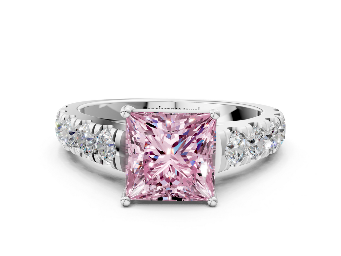 White gold Fancy Pink Princess  Cut Diamond Pavé Band Solitaire with Four-Prong Setting_3