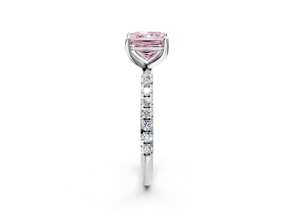 White gold Fancy Pink Princess  Cut Diamond Solitaire Ring with Micro Pave Band and Four Prong Setting