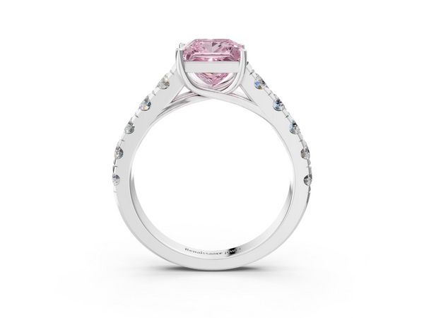 White gold Fancy Pink Princess  Cut Diamond Solitaire Ring with Micro Pave Band and Prong Setting