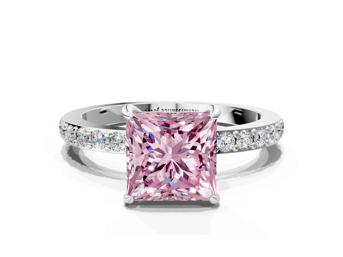 White gold Fancy Pink Princess Cut Diamond Pavé Engagement Ring with Round  Accents and Prong Setting_41