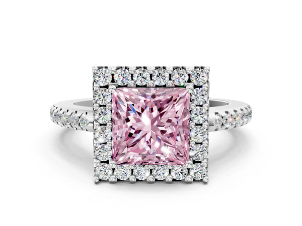 Platinum Fancy Pink Princess Cut Diamond Pavé Halo Ring with Four-Prong Setting