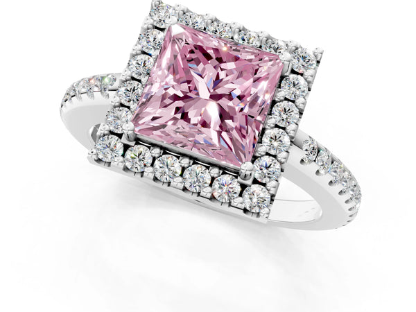 Platinum Fancy Pink Princess Cut Diamond Pavé Halo Ring with Four-Prong Setting