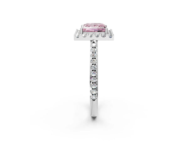 Platinum Fancy Pink Princess Cut Diamond Pavé Halo Ring with Four-Prong Setting