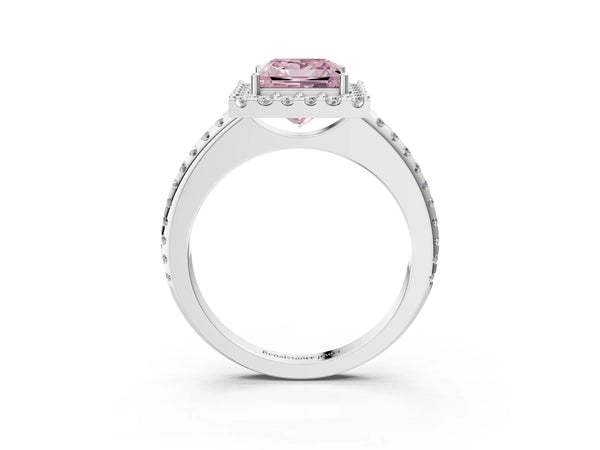 Platinum Fancy Pink Princess Cut Diamond Pavé Halo Ring with Four-Prong Setting