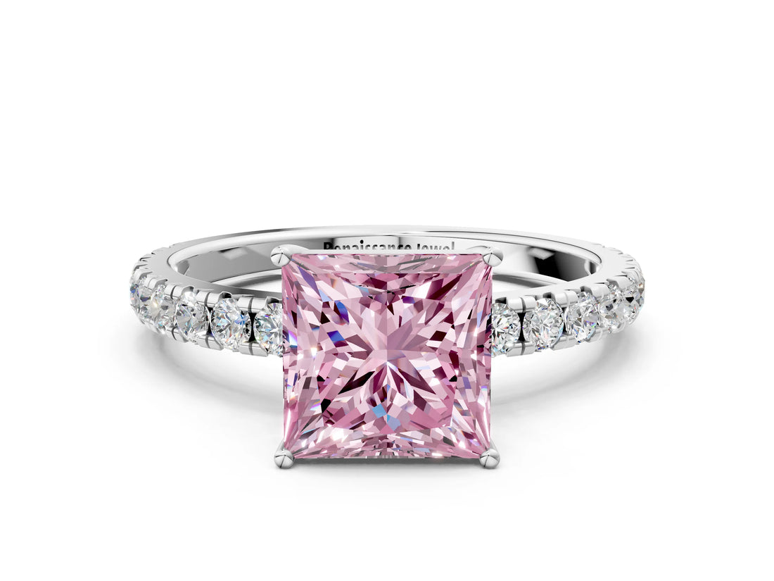 White gold Fancy Pink Princess Cut Diamond Pavé Solitaire Engagement Ring with Four-Prong Setting_29