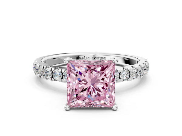 Platinum Fancy Pink Princess Cut Diamond Pave Band Solitaire Ring with Round  and Prong Setting