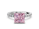 White gold Fancy Pink Princess Cut Diamond Pave Band Solitaire Ring with Round  and Prong Setting_89