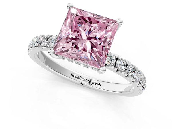 Platinum Fancy Pink Princess Cut Diamond Pave Band Solitaire Ring with Round  and Prong Setting