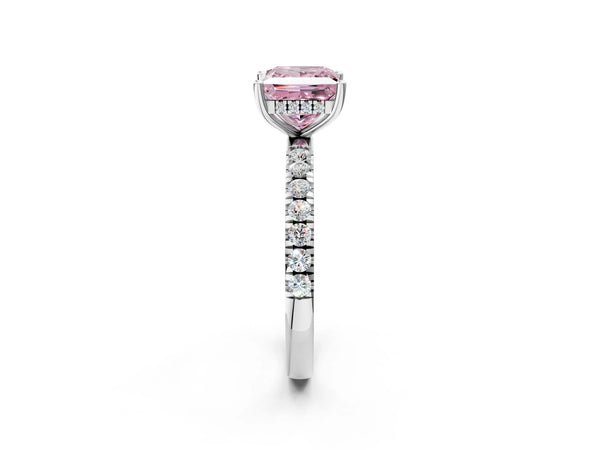 Platinum Fancy Pink Princess Cut Diamond Pave Band Solitaire Ring with Round  and Prong Setting