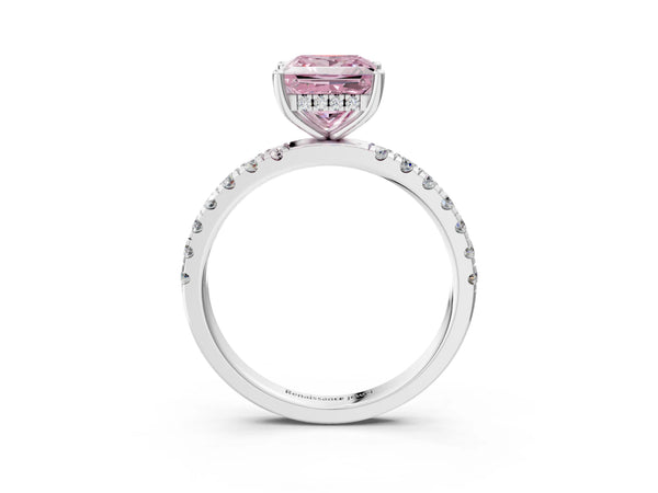 Platinum Fancy Pink Princess Cut Diamond Pave Band Solitaire Ring with Round  and Prong Setting