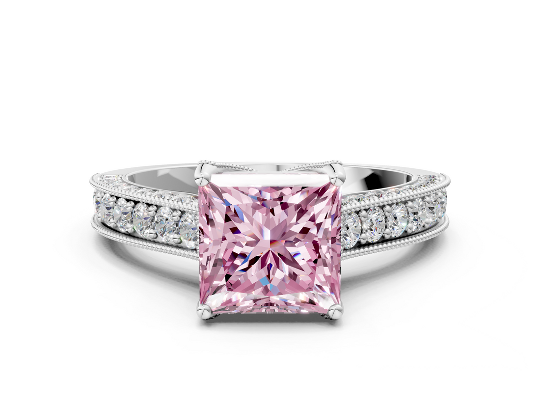 White gold Fancy Pink Princess  Cut Diamond Pave Band with Four-Prong Setting