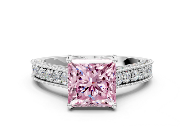 Platinum Fancy Pink Princess  Cut Diamond Solitaire Ring with Milgrain Pave Band and Four Prong Setting