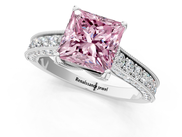 Platinum Fancy Pink Princess  Cut Diamond Solitaire Ring with Milgrain Pave Band and Four Prong Setting