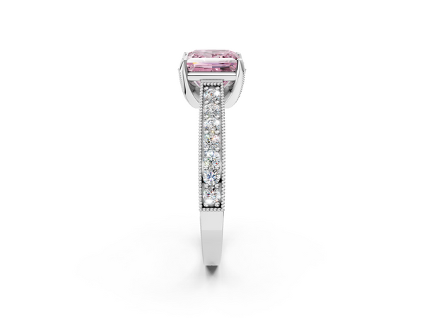Platinum Fancy Pink Princess  Cut Diamond Solitaire Ring with Milgrain Pave Band and Four Prong Setting