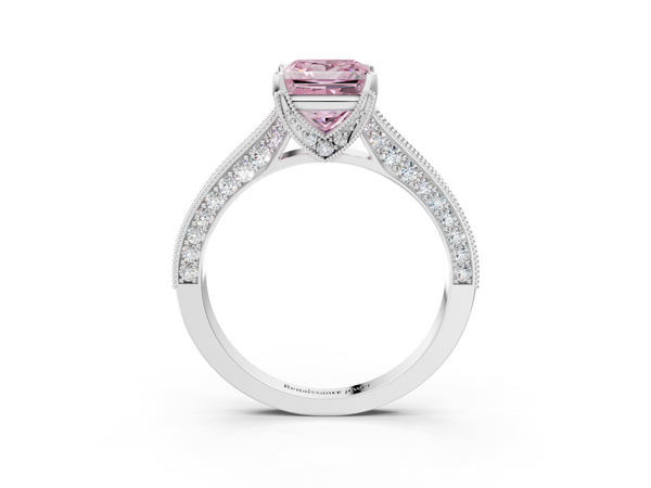Platinum Fancy Pink Princess  Cut Diamond Solitaire Ring with Milgrain Pave Band and Four Prong Setting