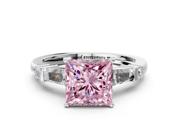 White gold Fancy Pink Princess  Cut Diamond Ring with Baguette Side Stones, Channel Set Band, and Four-Prong Setting