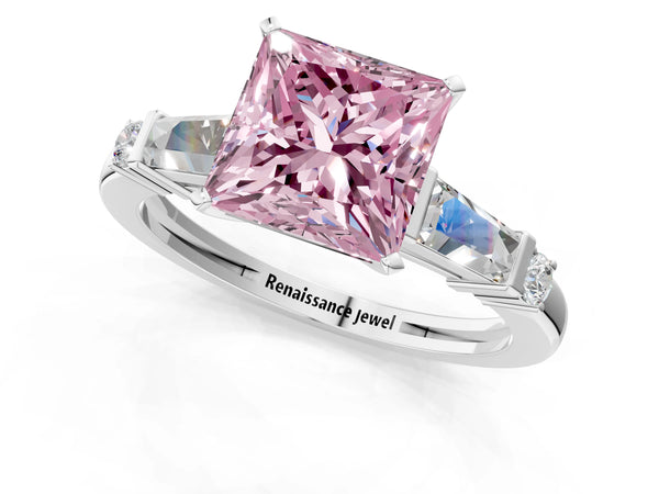 White gold Fancy Pink Princess  Cut Diamond Ring with Baguette Side Stones, Channel Set Band, and Four-Prong Setting