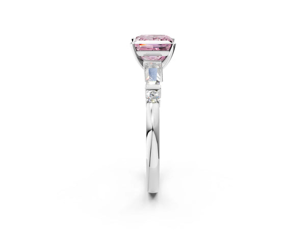White gold Fancy Pink Princess  Cut Diamond Ring with Baguette Side Stones, Channel Set Band, and Four-Prong Setting