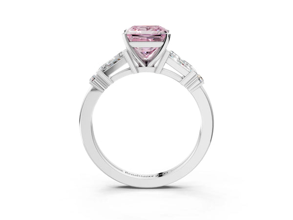 White gold Fancy Pink Princess  Cut Diamond Ring with Baguette Side Stones, Channel Set Band, and Four-Prong Setting