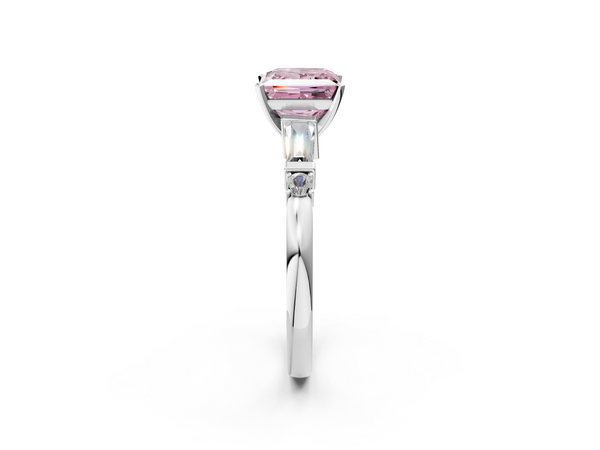 White gold Fancy Pink Princess  Cut Diamond Ring with Baguette Side Stones, Channel Set Band, and Four-Prong Setting