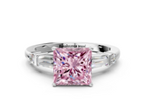 White gold Fancy Pink Princess  Cut Diamond Ring with Baguette Side Stones, Channel Set Band, and Four-Prong Setting