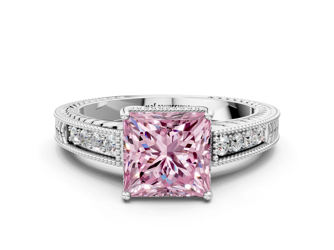 White gold Fancy Pink Princess Cut Diamond Ring with Milgrain Pavé Band and Four-Prong Setting_32