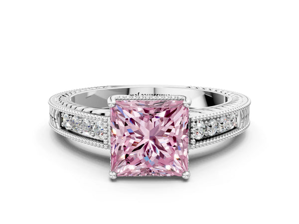 Platinum Fancy Pink Princess Cut Diamond Ring with Milgrain Pavé Band and Four-Prong Setting