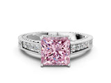 White gold Fancy Pink Princess Cut Diamond Ring with Milgrain Pavé Band and Four-Prong Setting_32