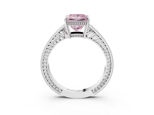 Platinum Fancy Pink Princess Cut Diamond Ring with Milgrain Pavé Band and Four-Prong Setting