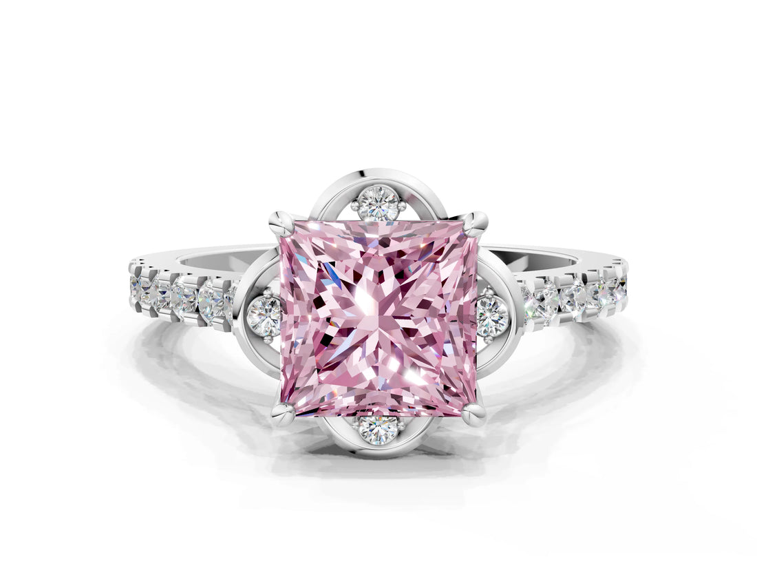 White gold Fancy Pink Princess Cut Diamond Ring with Pavé Band and Floral Prong Setting_39